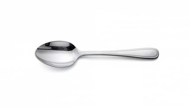 A shiny, polished metal spoon displayed on a white background