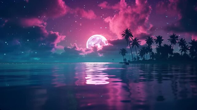 A mesmerizing video scene of a tropical beach at night, with a low-angle view capturing a pink moon and silhouetted palm trees under a starry sky. Live desktop wallpaper.