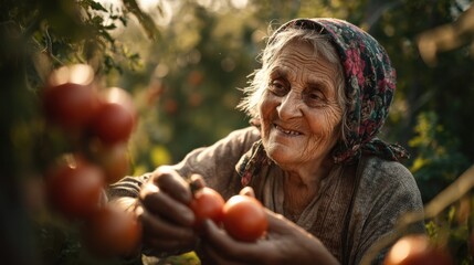 Photorealistic, warm and nostalgic photo of an elderly Turkish grandmother with a warm, wrinkled smile, harvesting fresh, sun-kissed tomatoes from her lush organic garden. 