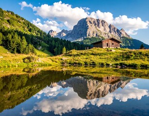 Alpine chalet reflected in tranquil lake