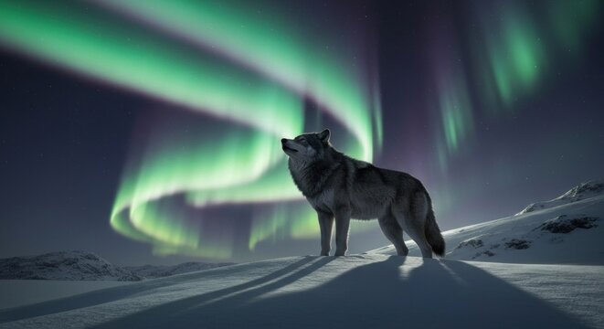 Majestic wolf stands sentinel against a vibrant aurora borealis display over a snowy landscape