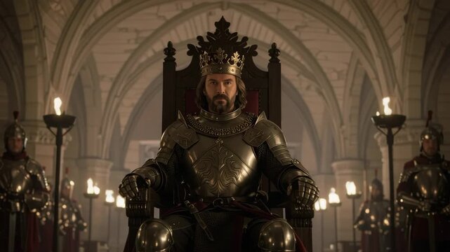Medieval king seated on throne in grand royal hall
