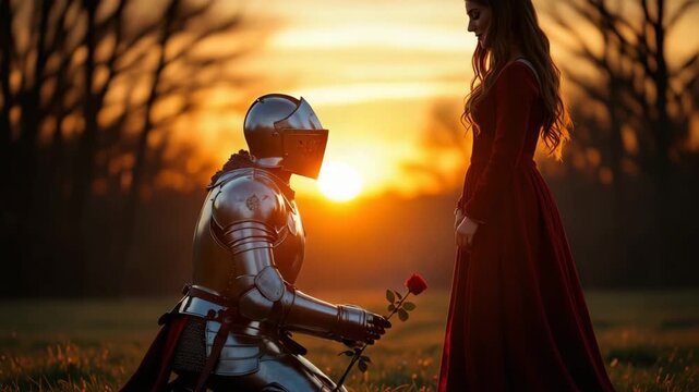 Knight kneeling with rose before lady in red at sunset