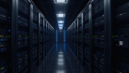 3D Visualization of Server Cabinets in a Dimly Lit Space with Special Effects, Highlighting IoT, Data Transmission, and Digital Traffic Management