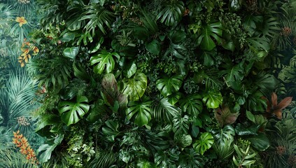 Synthetic green foliage wall. Upright garden panel featuring tropical leaves. Natural plant ornamentation. Indoor decoration.