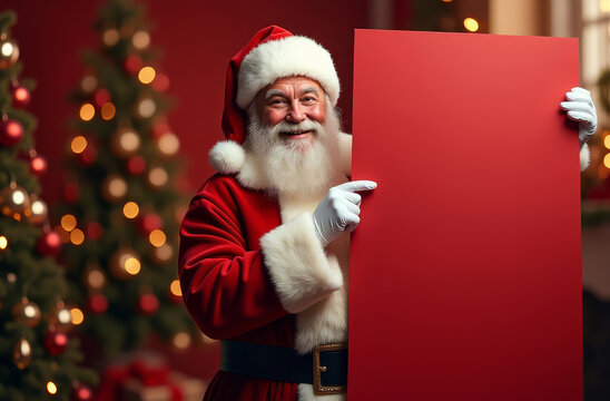 Santa Claus holding red poster with copy space. Smiling Santa Claus showing blank red board for text. Christmas background with Santa holding a red sign for message.