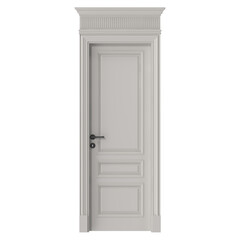 Elegant white interior door with decorative molding and a black handle