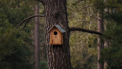 A handcrafted wooden bird shelter nestled among thick pine branches