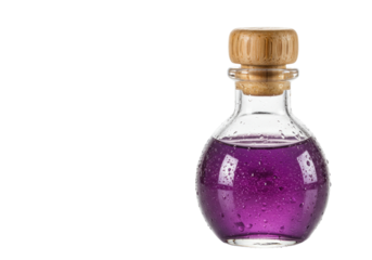 Isolated potion of purple liquid in glass bottle for medical laboratory experimentation