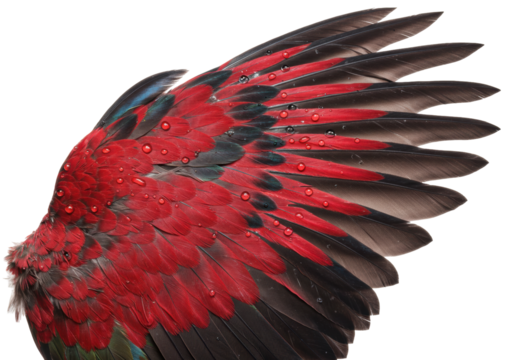 Isolated Colorful Wing with Feathers and Water Drops, Vibrant Bird Plumage Close-Up - Powered by Adobe