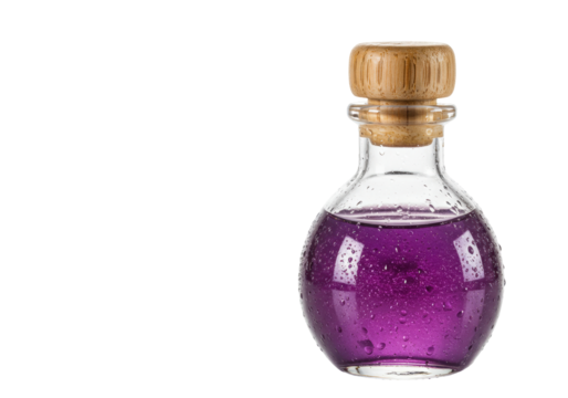 Isolated potion of purple liquid in glass bottle for medical laboratory experimentation