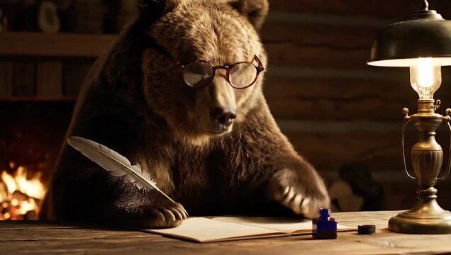 A brown bear wearing glasses writes with a quill pen on paper at a desk with a lamp and inkwell in a cozy cabin with a fireplace.