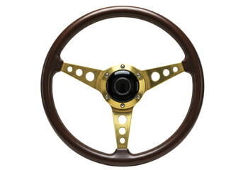 Isolated vintage wood steering wheel, classic vehicle automotive equipment for driving