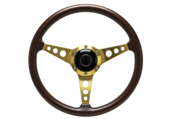 Isolated vintage wood steering wheel, classic vehicle automotive equipment for driving