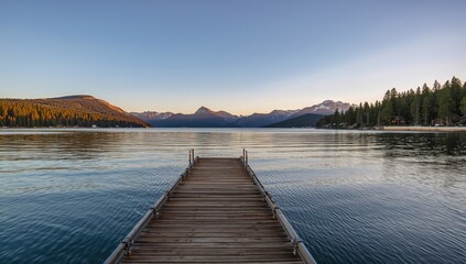 Fototapeta premium Dock and calm water at dawn with a serene lake view, sky, shore, seasonal, vacation, outdoors, cold, scenery, illumination