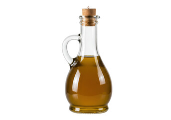 Isolated glass olive oil bottle with handle and cork stopper, Mediterranean cuisine