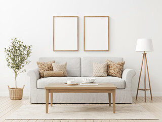 Home interior mockup two hanging vertical frames on the wall. Traditional living room design with white slipcovered sofa, pillows, decorated coffee table, floor lamp and plant in basket. 3d rendering.