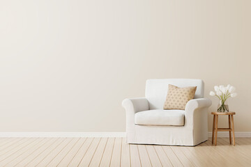 Traditional living room interior with white slipcovered armchair, pillow, side table and flowers in vase on empty warm beige background with free space. Indoor home wall mockup. 3d rendering.