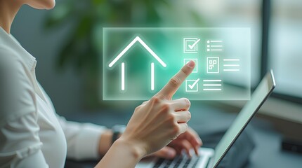 Real estate business management concept. Property analysis and checklist. Buy and sell houses and real estate online. Mortgage loan home and insurance