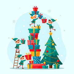 Decorating for Holiday Fun Elf Characters Stacking Gifts and Tree
