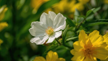 Fototapeta premium Close-up shot of white and yellow blossoms against a backdrop of green foliage