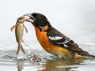 Black-headed Grosbeak Catching Fish Isolated on White