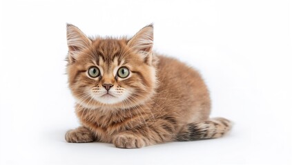 Fototapeta premium Charming feline with brown fur looking directly at the lens, sweet kitty against a plain white background, detailed close-up of a fluffy pet.