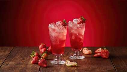 Strawberry cocktails served in glasses with ice on a wooden surface against a red gradient backdrop