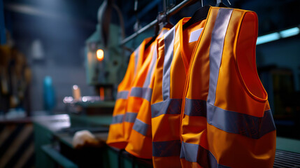 Detailed interior shot — row of safety vests illuminated by natural light, faint dust particles in air, muted machinery backdrop, with copy space.