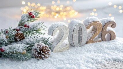 Snow-Covered 2026 Numbers with Frosted Pine and Winter Decorations - 4