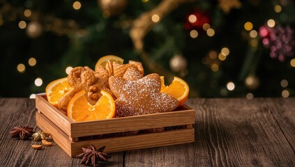 Festive wooden box filled with spiced cookies, dried citrus, and star anise against a warm, blurred light backdrop