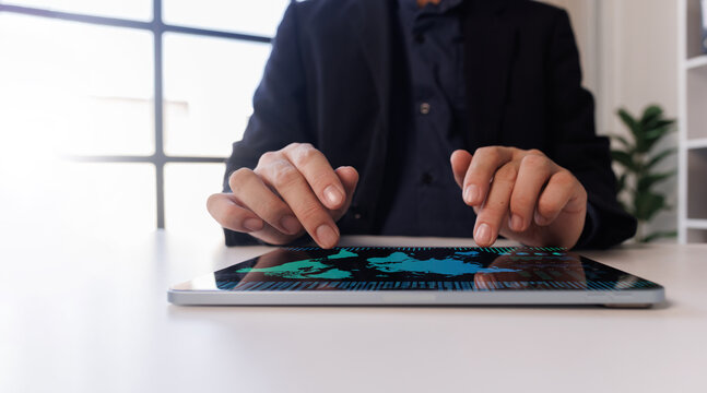 Business Hand using laptop computer with virtual screen and document for online approve paperless quality assurance and ERP management concept.	 - Powered by Adobe