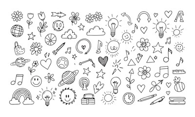 Hand-Drawn Doodle Icons Set - Whimsical Sketchy Illustrations of Flowers Planets Arrows Musical Notes Hearts