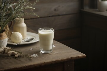 Obraz premium A cup filled with fresh white milk placed on a surface