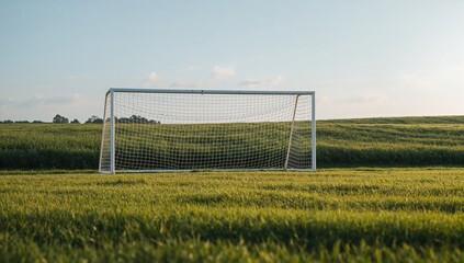 Unoccupied football net set against a grassy field and natural scenery