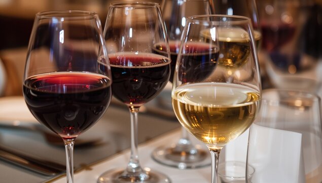 Sophisticated red and white wine glasses presented side by side on a table set for a formal dinner, close-up view of the wineglass bowls and the wine inside