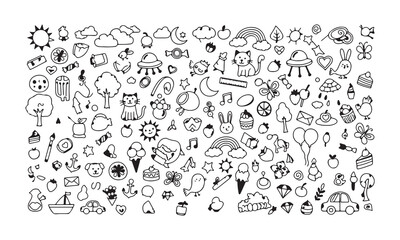 Playful Doodle Collection Whimsical Hand Drawn Illustrations Featuring Animals Sweets - Hand-Drawn Doodle Icons Set