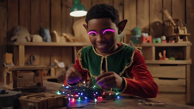 Enthusiastic elf assembling glowing holiday lights in a rustic workshop setting. 4k Video footage