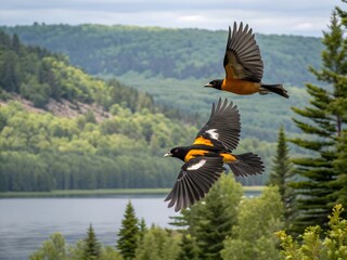Pair of Black-headed Grosbeaks Flying Near Lake and Hill Forest