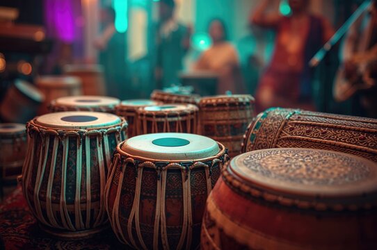 Vibrant ethnic drums highlighted with a colorful overlay against a musical backdrop