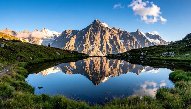 Alpine lake mirroring mountain peaks at sunrise - Powered by Adobe