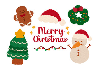 Merry Christmas greeting with festive hat wreath tree snowman gingerbread and lights, cheerful holiday scene