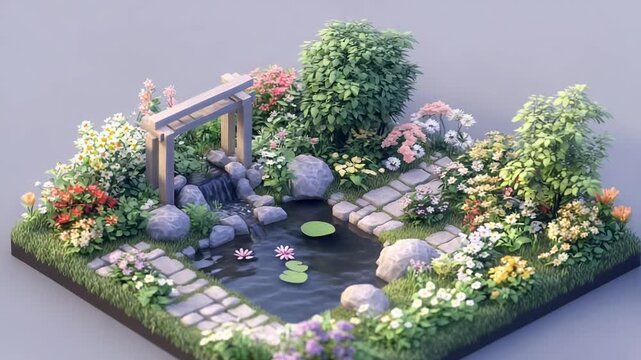 Peaceful Miniature Isometric Garden with a Tranquil Pond and Waterfall.