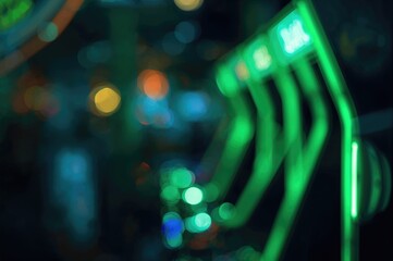 Softly focused dim green illumination in an arcade setting