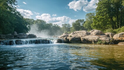 Stunning waterfall flowing over rugged stones