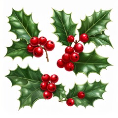 A beautifully illustrated collection of festive holly sprigs with vibrant red berries, isolated on a white background for Christmas holiday designs