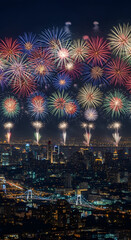 Fototapeta premium Fireworks Display Over City Skyline at Night Celebration