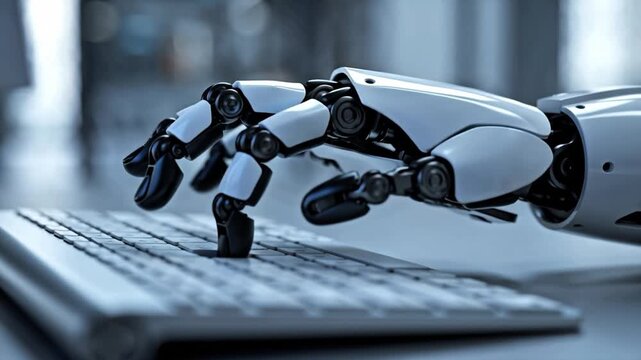 Robot dog walking on computer keyboard