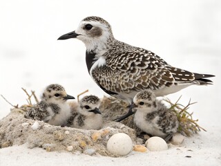 Black-bellied Plover Nest With Baby Birds and Mother Isolated