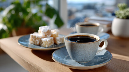 Fototapeta premium An aesthetically pleasing arrangement showcases a beautiful coffee cup, delicious sweets, and green plants, creating a refreshing atmosphere for coffee lovers.